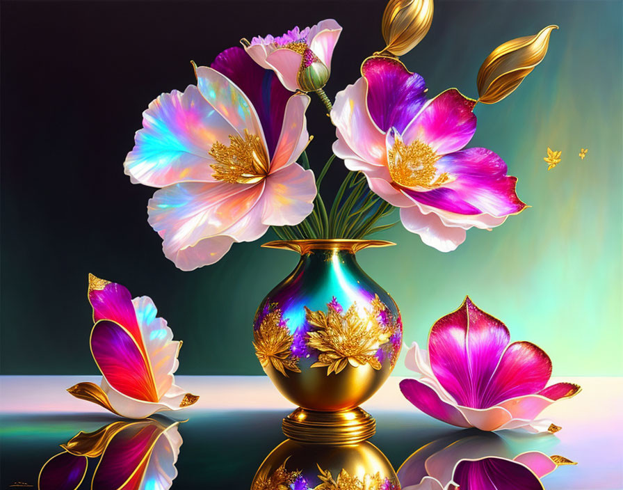 Iridescent Flowers in Reflective Vase with Gold Accents