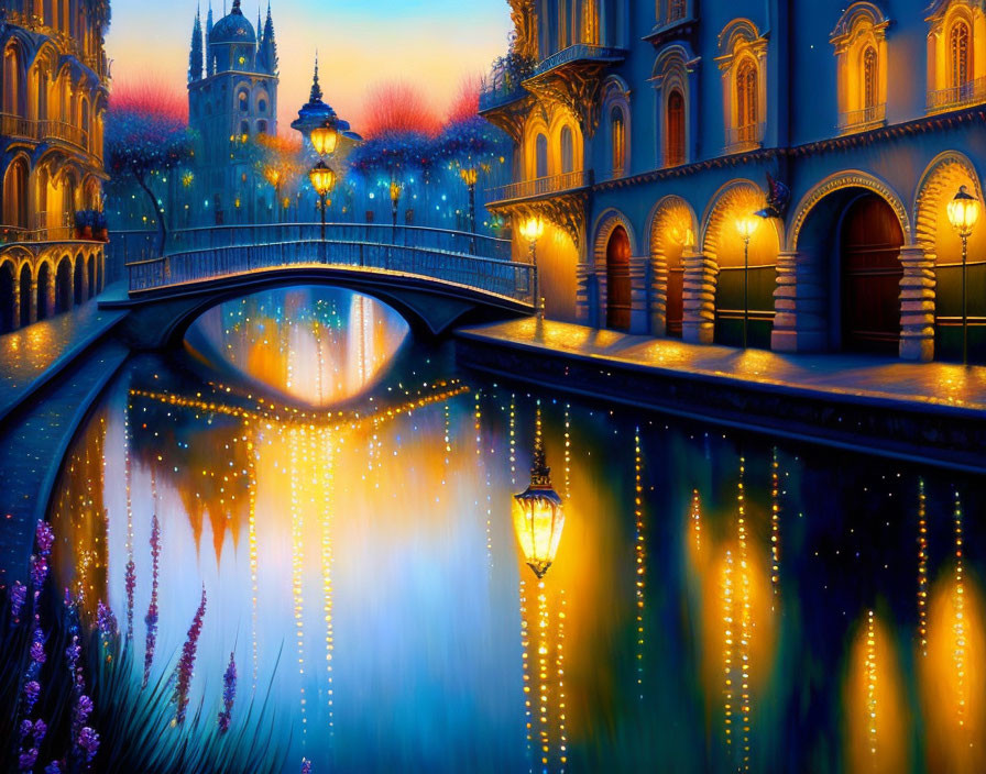 Colorful artwork of fantastical cityscape at night with illuminated buildings, bridge, and glowing lights reflected