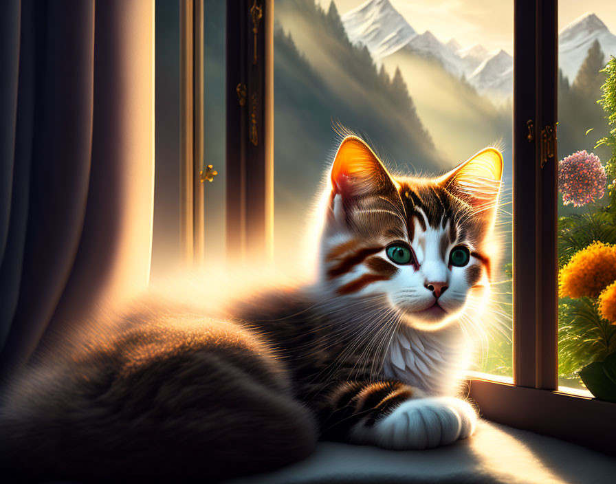 Green-eyed cat on windowsill with snowy mountains and flowers.