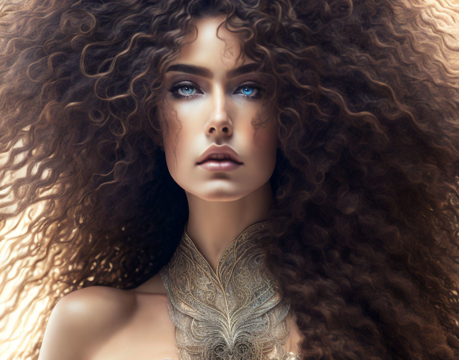 Curly Haired Woman with Blue Eyes and Ornate Neckline Portrait