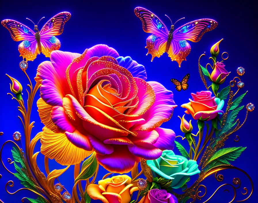 Colorful digital artwork: large purple to yellow rose, smaller roses, golden swirls, butterflies on