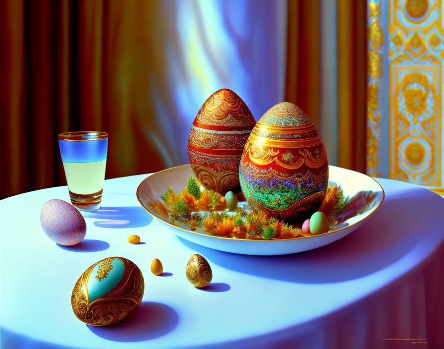 Intricately Decorated Eggs on Table with Glass and Drapery