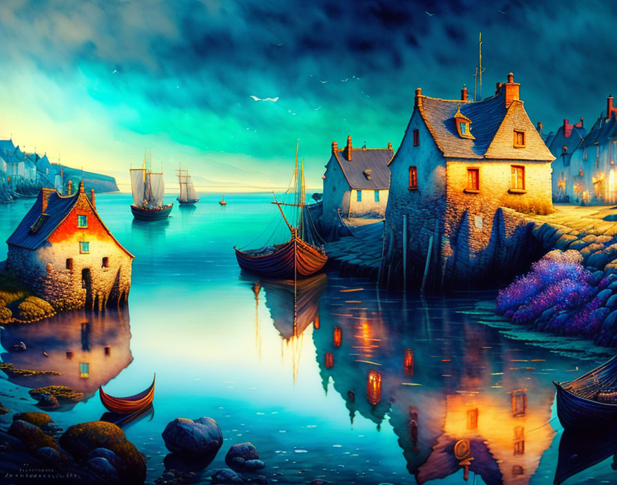 Tranquil twilight bay with illuminated cottages, boats, and vibrant flora under starry sky.