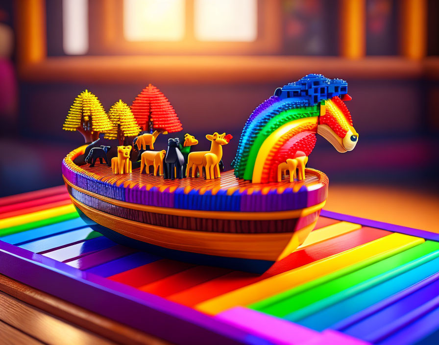 Colorful Toy Noah's Ark with Animal Figures on Rainbow Plank Base in Warmly Lit Room
