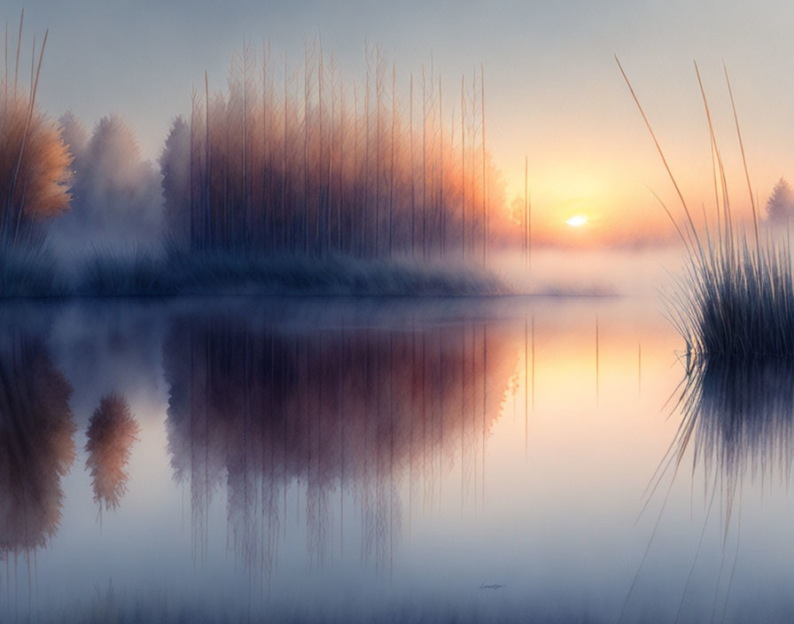 Tranquil dusk landscape with sun setting behind silhouetted trees and reeds reflected on mist