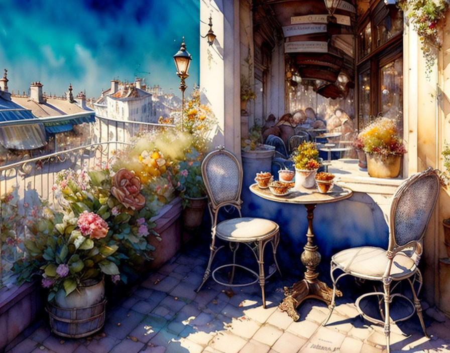 Charming Parisian balcony cafe with flowers and pastries overlooking city rooftops
