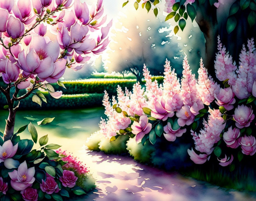 Colorful Garden Scene with Pink and Violet Flowers, Green Hedge, and Pathway to Misty Background