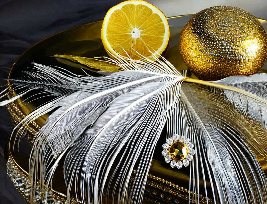 Luxurious gold and silver arrangement with feathers, ornament, citrus slice, and gemstone ring