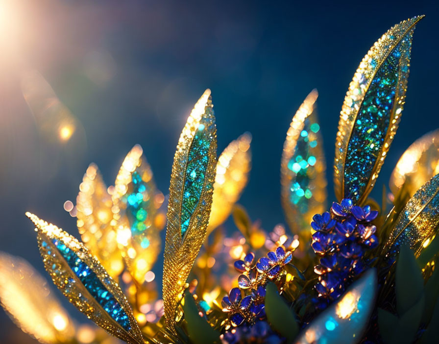 Golden Leaves and Blue Flowers in Soft-focus Warm Light