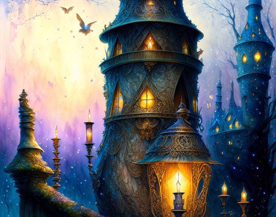 Illustration of ornate glowing towers in twilight forest with bird.