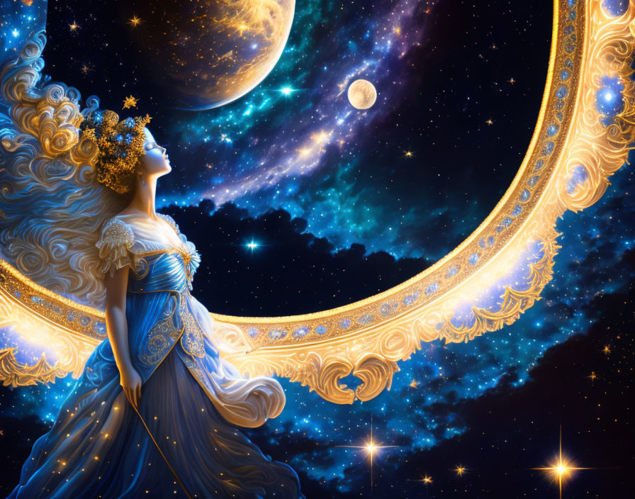 Woman in ornate blue gown under cosmic sky with stars and planets