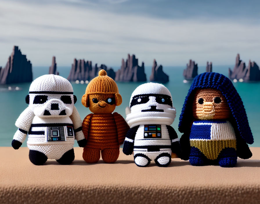 Knitted Star Wars character dolls: 2 Stormtroopers on sandy backdrop.