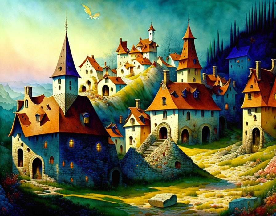 Colorful Fairy-Tale Village Painting with Castles and Cottages