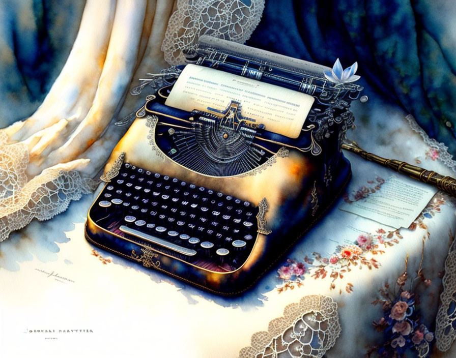 Vintage Typewriter with Floral Decor and Typed Paper Display