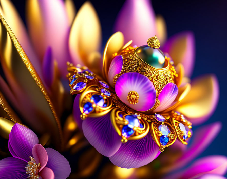 Gold ornate brooch with gemstones on lotus flower in vibrant digital art