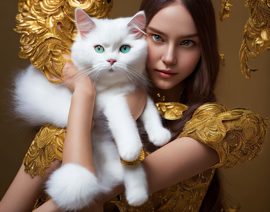 Woman with Green Eyes Holds White Cat in Gold Attire