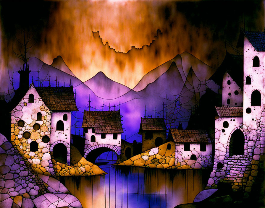 Illustration of stylized medieval village by water under orange sky