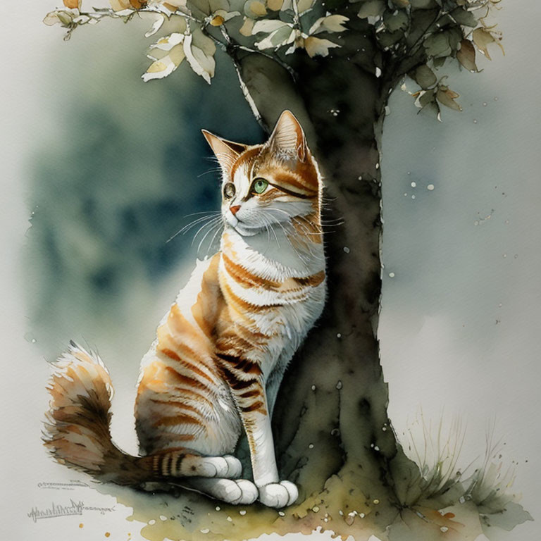 Orange Tabby Cat Beside Tree in Soft Watercolor Illustration