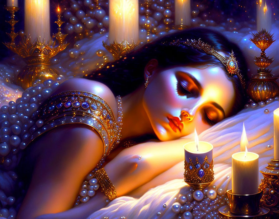 Illustrated Woman with Dark Hair Amongst Pearls and Candles
