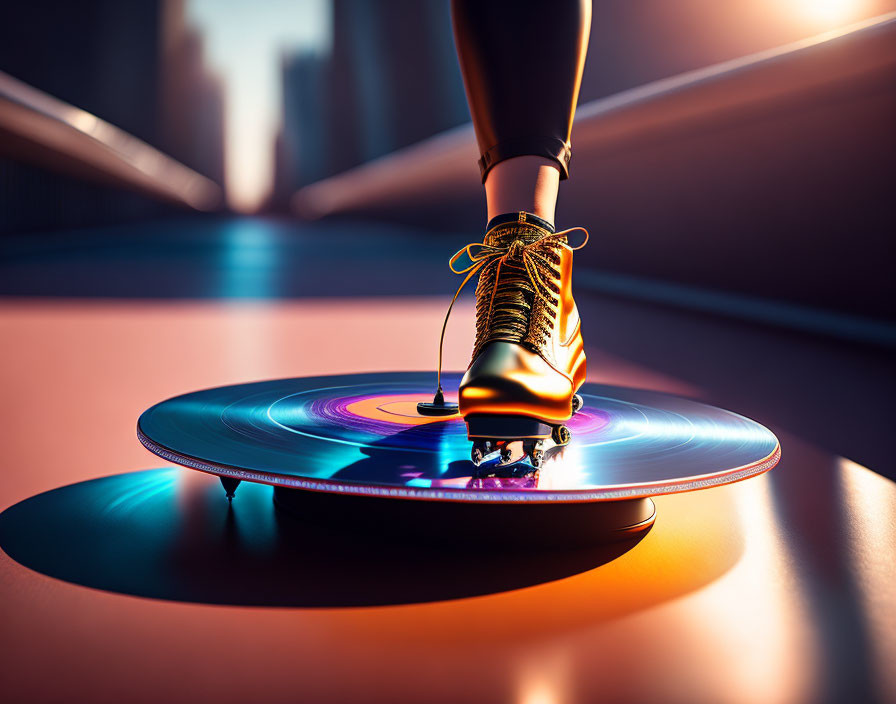 Gold sneaker with untied laces on spinning vinyl record under sunlit road