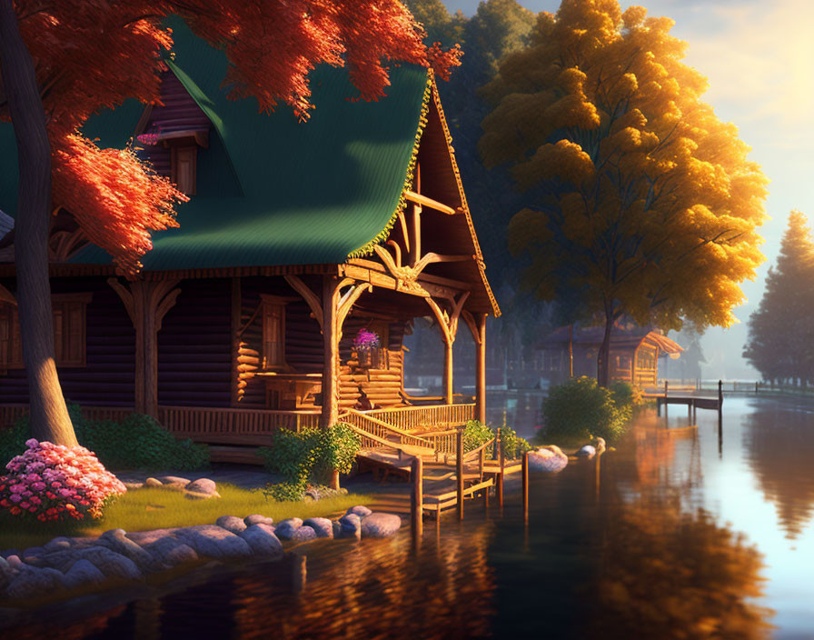 Tranquil lakeside cabin at sunset with autumn trees and dock