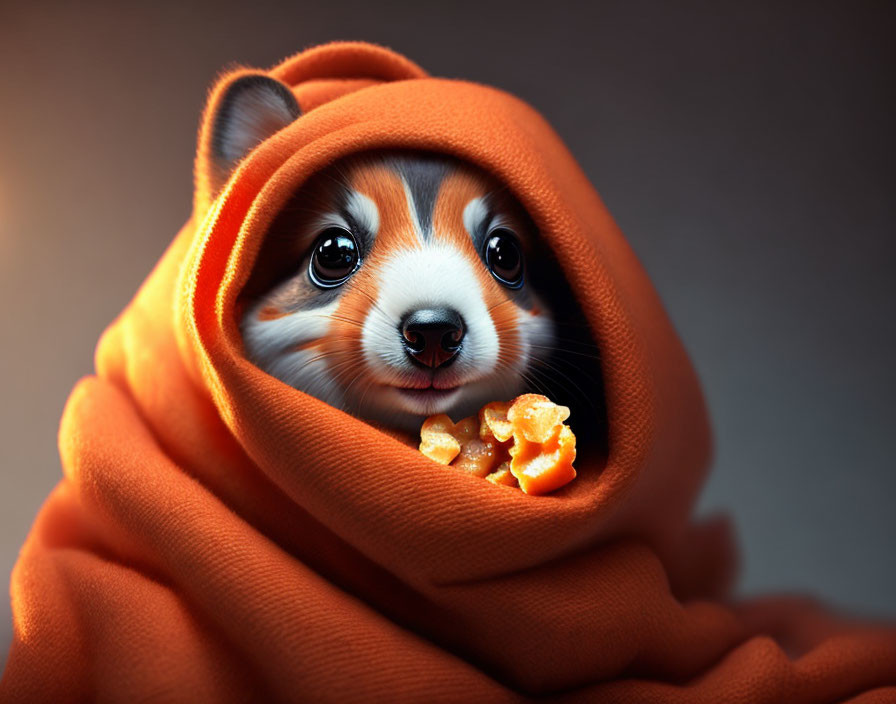 Adorable corgi puppy in orange blanket with food near mouth