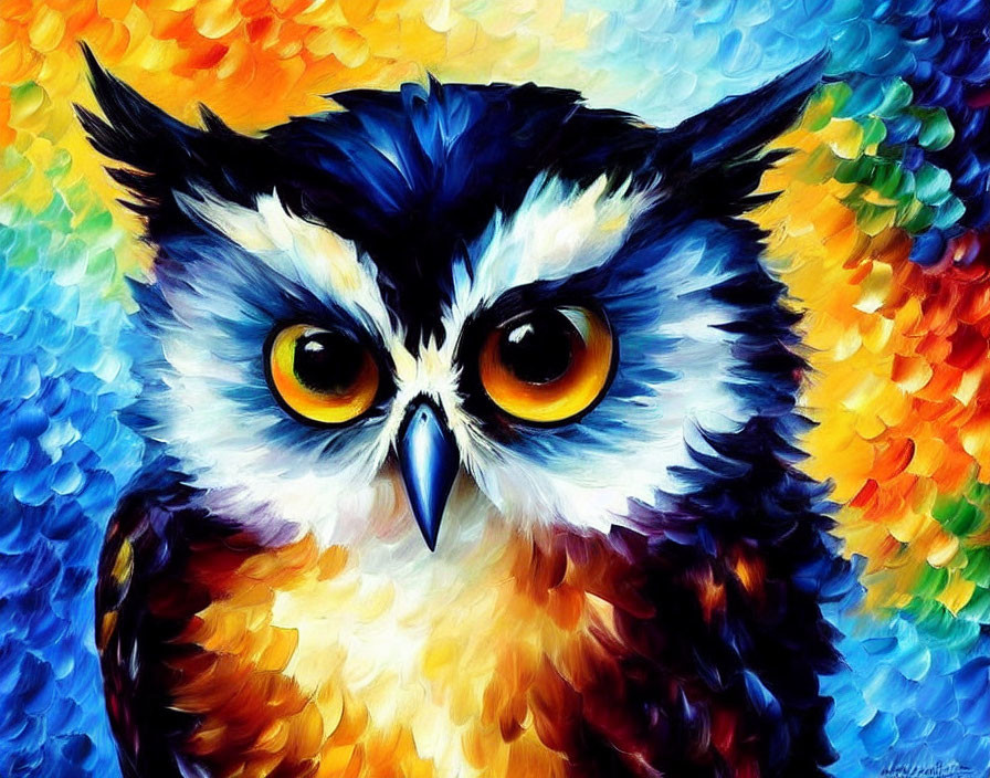 Vibrant owl digital painting with large yellow eyes on colorful background