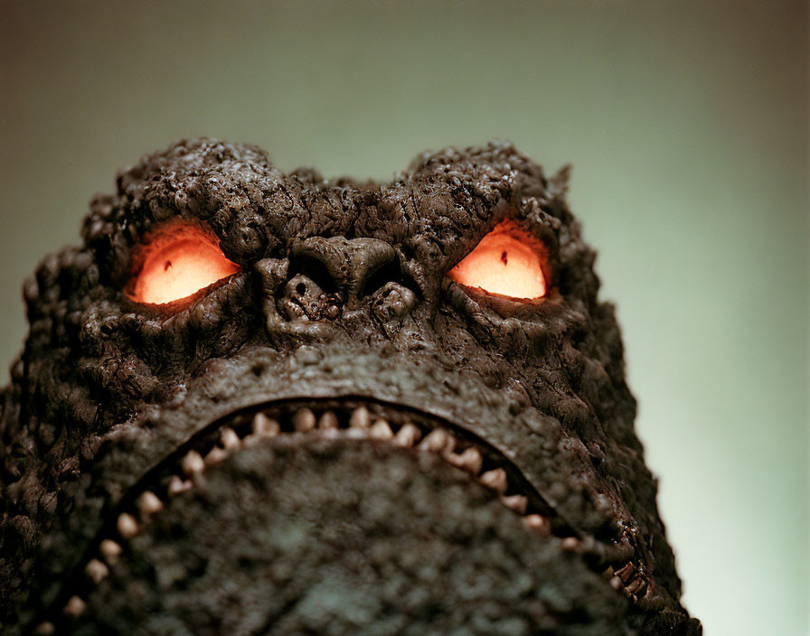 Fierce Godzilla head with orange eyes and dark, scaly skin