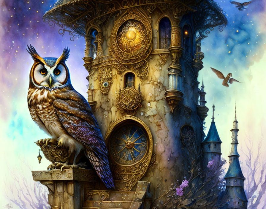 Illustrated owl on railing with fantasy clock tower in twilight setting