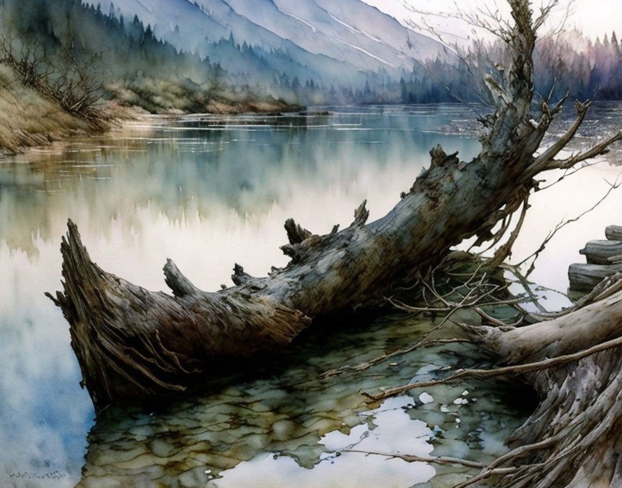 Serene Lake Landscape with Fallen Tree and Mountains