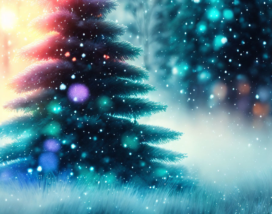 Festive Christmas trees in snowy winter scene with colorful lights
