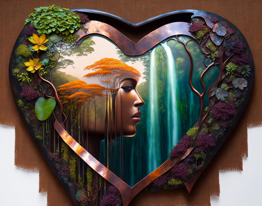 Heart-shaped woman's profile with nature scene: waterfall, trees, colorful plants