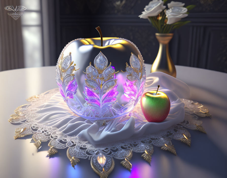 Translucent apple with crown structure next to real apple on elegant cloth with lace edges and white flowers in