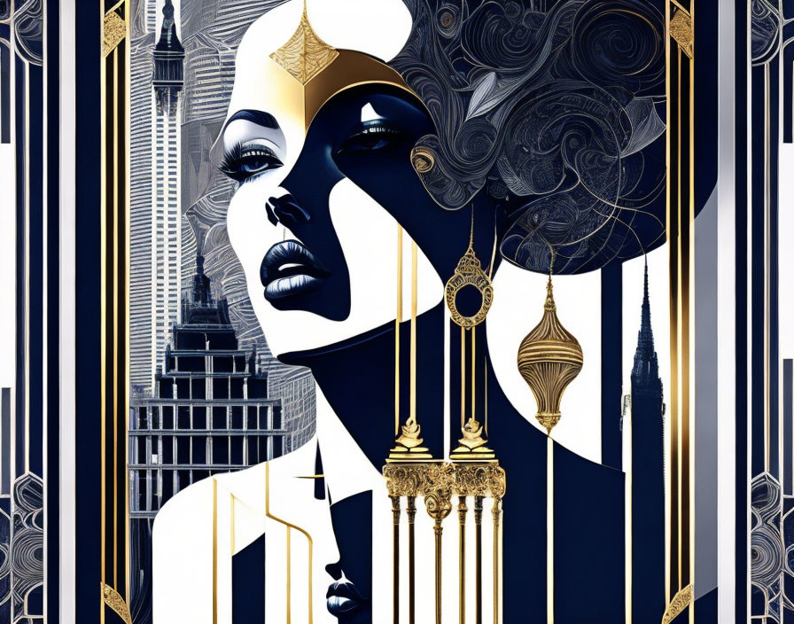 Art Deco style illustration of woman with headpiece and skyscrapers