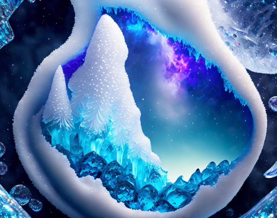 Miniature winter landscape in droplet with icy mountains and starry sky.