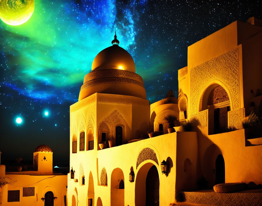 Traditional domed architecture under vibrant night sky with stars and aurora borealis.