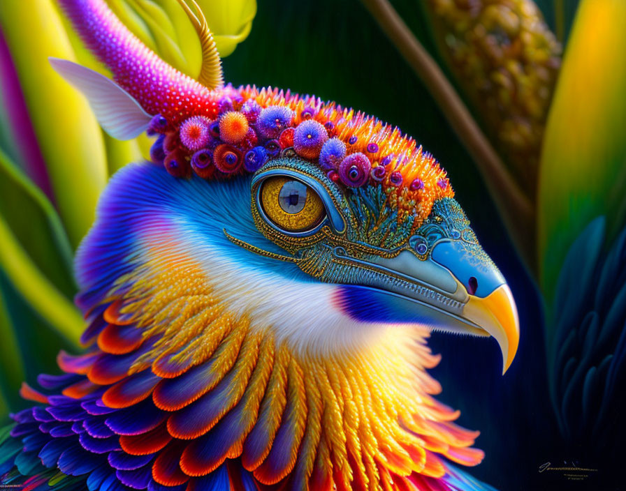 Colorful digital artwork: fantastical bird with ornate feathers and floral patterns