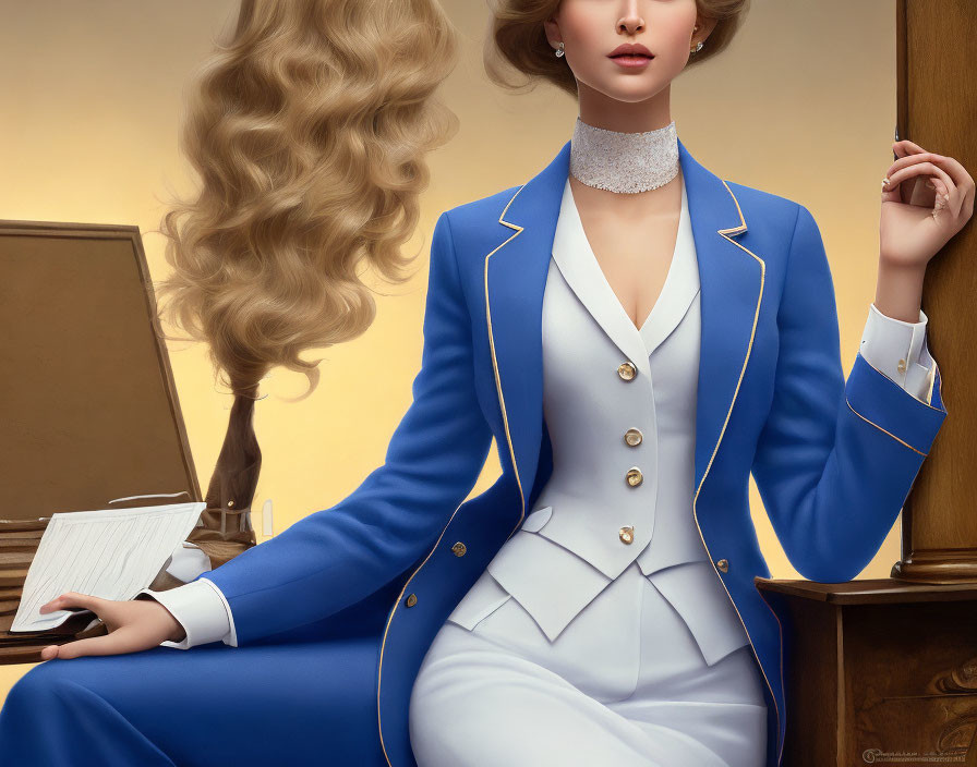 Blonde woman in blue suit at desk with papers
