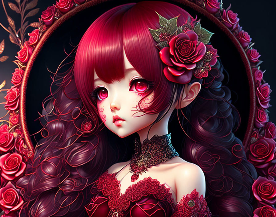 Girl with Red Eyes and Maroon Hair in Floral Frame