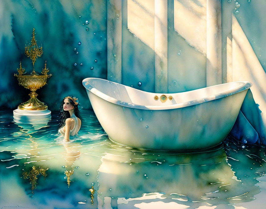 Surreal bathtub scene with tiny person, curtains, fountain under ethereal light