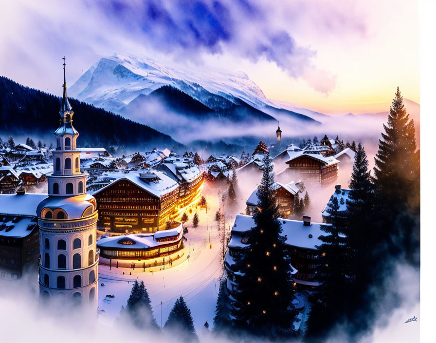 Snowy alpine village at twilight with church spire and misty mountains