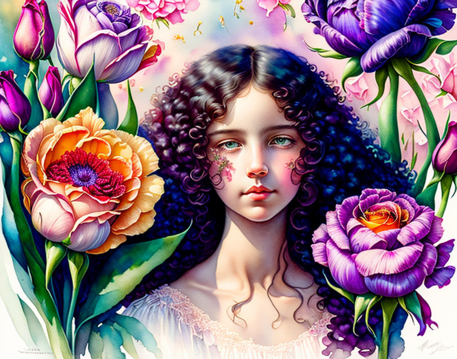 Girl with Blue Eyes and Curly Hair Surrounded by Pink and Purple Flowers