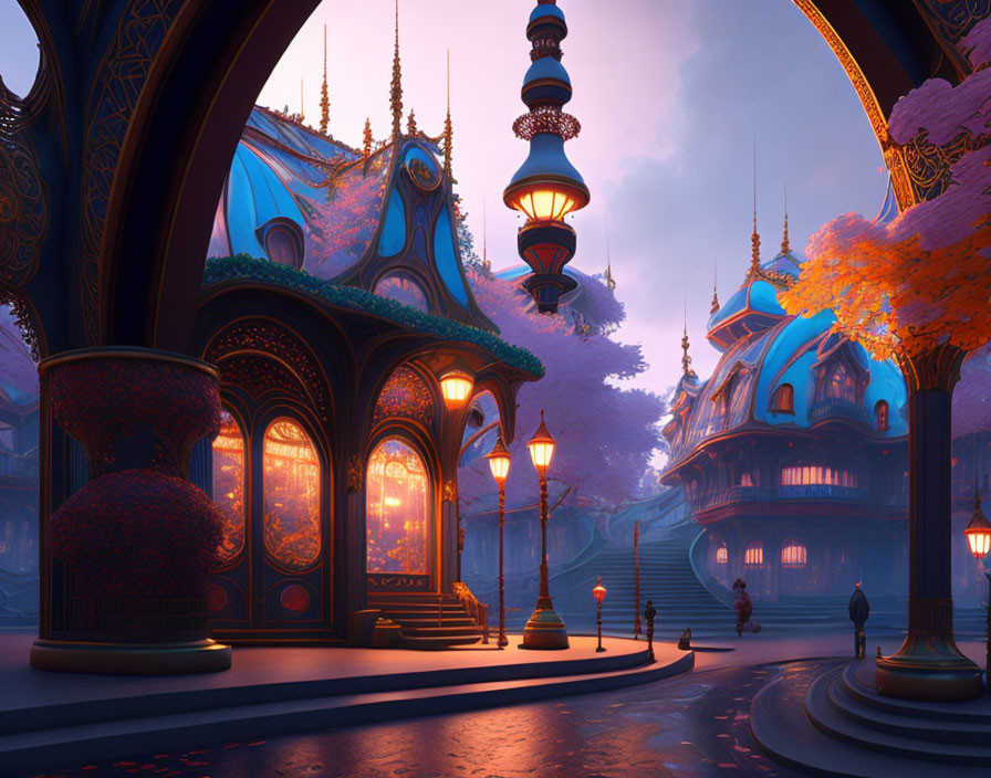 Fantastical cityscape at dusk with glowing lanterns and magenta foliage