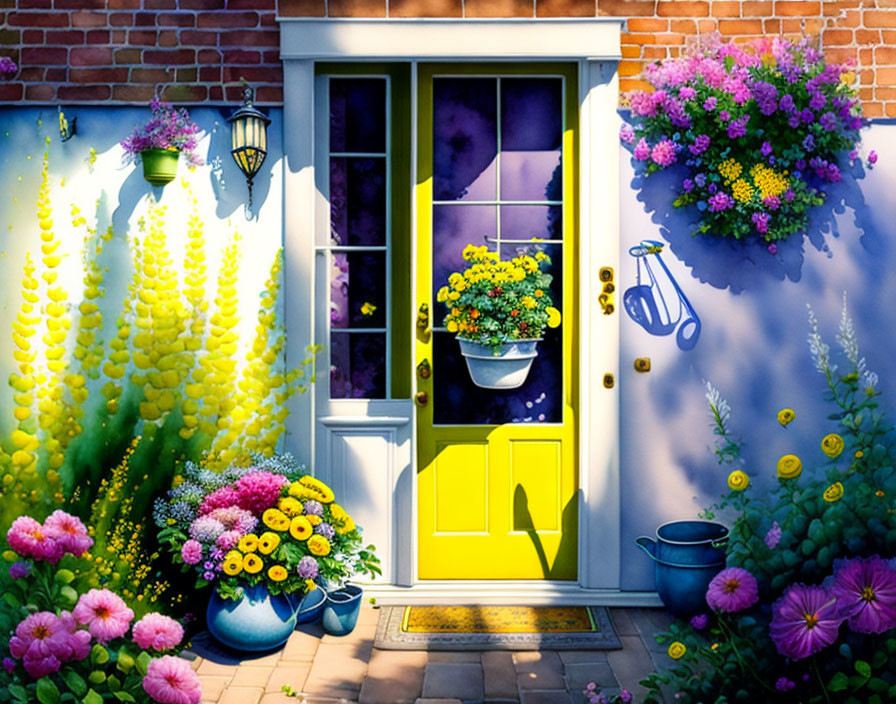 Colorful Entrance with Yellow Door and Floral Decorations