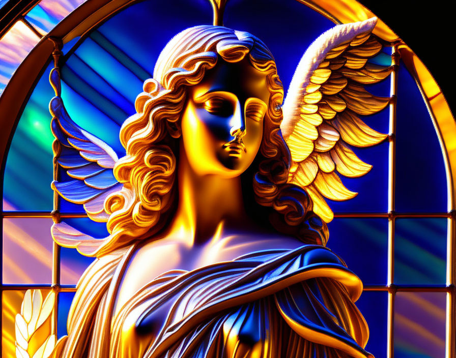 Golden angel stained glass window on vibrant blue background