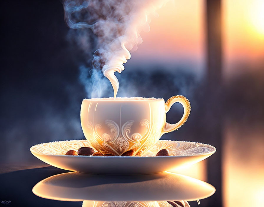 Steaming Cup of Coffee with Ornate Patterns on Saucer at Sunrise/Sunset