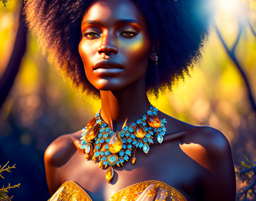 Striking woman in jeweled necklace amid golden foliage