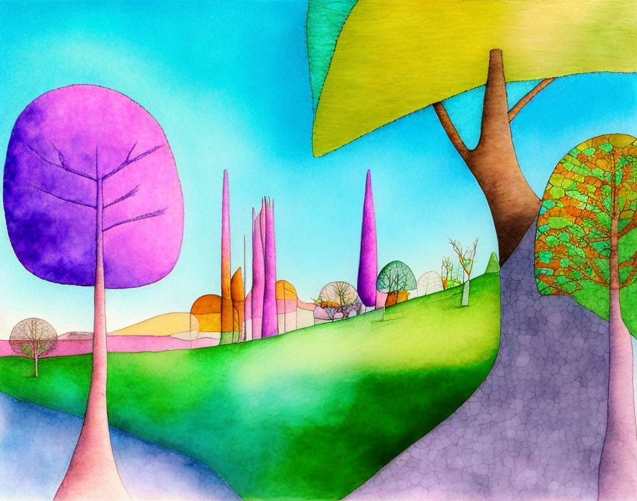 Vibrant watercolor landscape with stylized purple, green, and orange trees