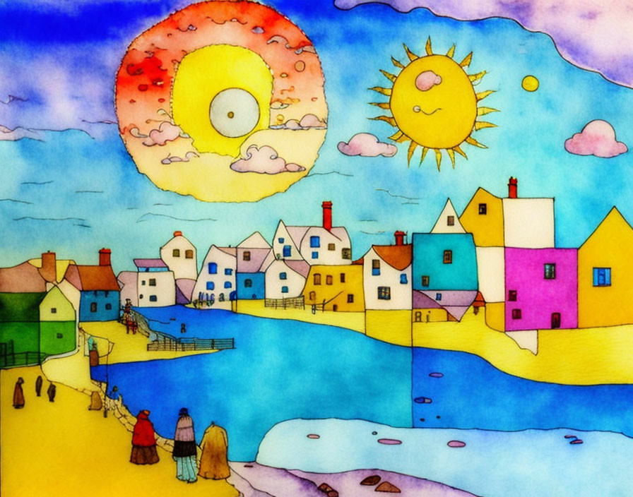 Whimsical village by the sea with oversized sun and stylized clouds