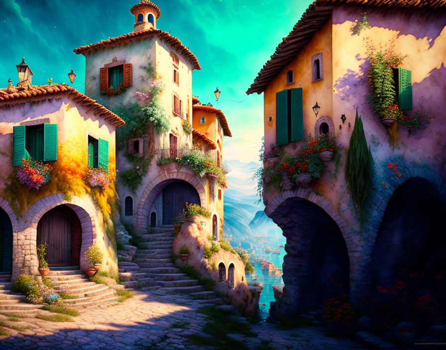 Colorful digital artwork: Whimsical village with flower-adorned cottages